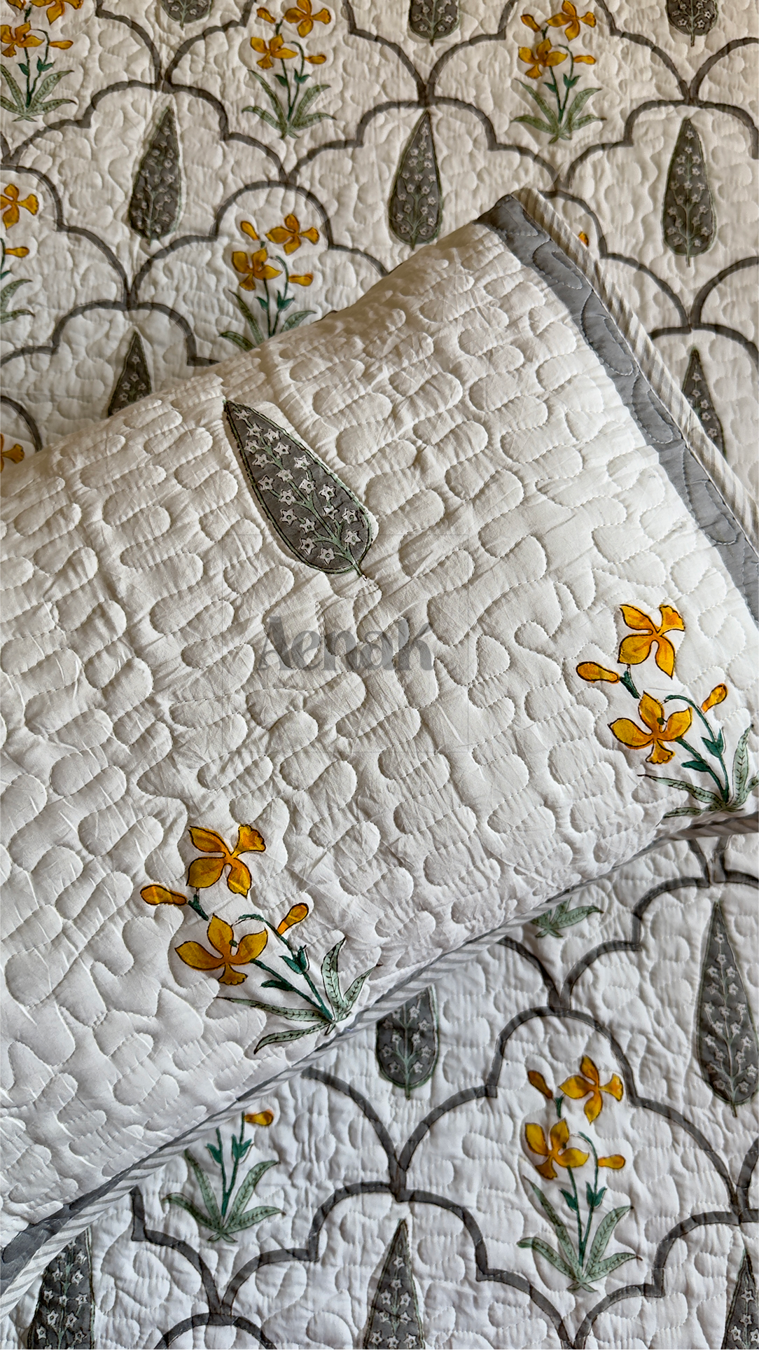 Grey Cypress Handblock Printed Reversible Quilted Cotton Bedcover