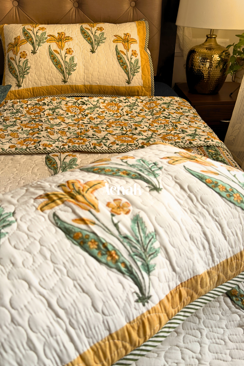 Yellow Lily Handblock Printed Reversible Quilted Cotton Bedcover