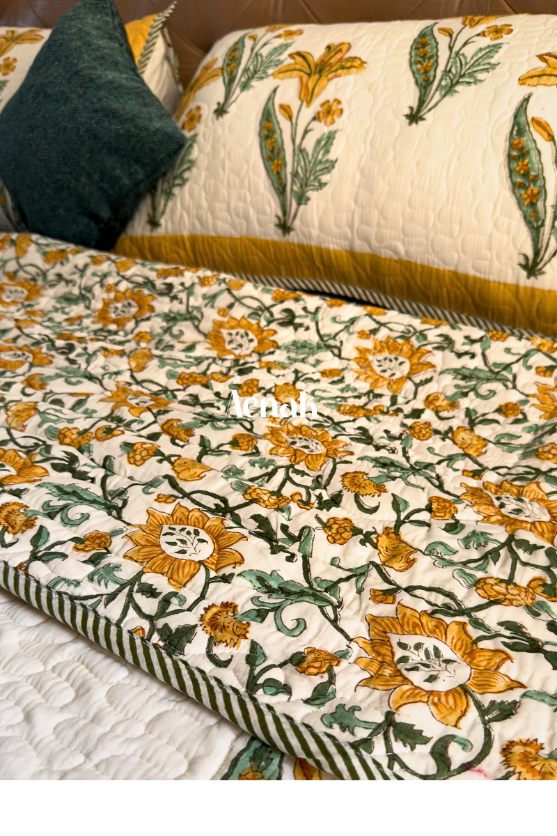 Yellow Lily Handblock Bedsheet + Quilted Bedcover Combo