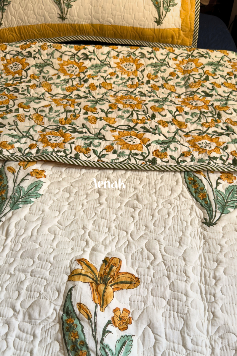Yellow Lily Handblock Printed Reversible Quilted Cotton Bedcover