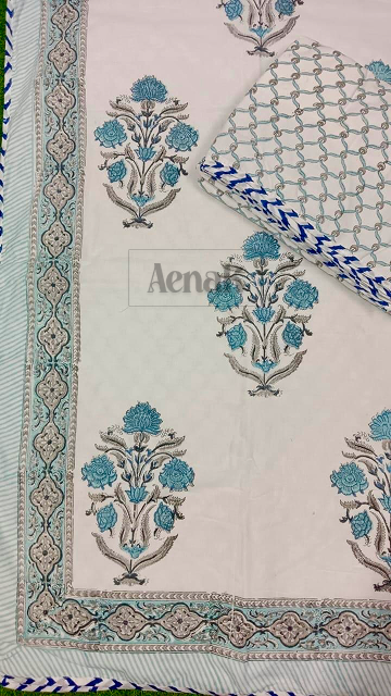 Teal Blue Dahlia Handblock Bedsheet + Dohar Combo
