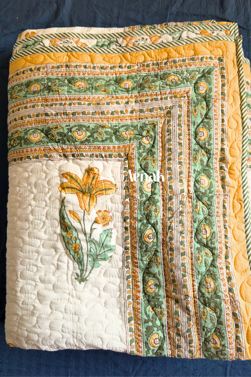 Yellow Lily Handblock Bedsheet + Quilted Bedcover Combo
