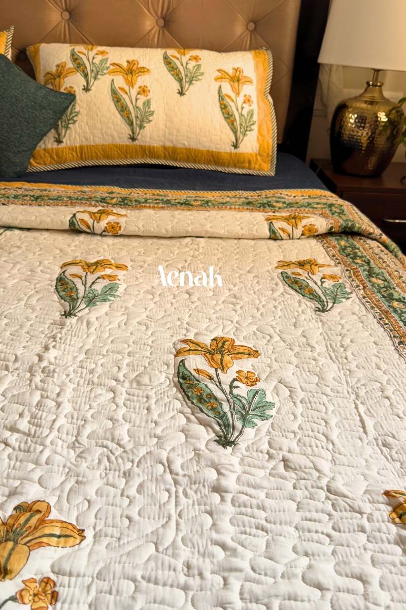 Yellow Lily Handblock Bedsheet + Quilted Bedcover Combo