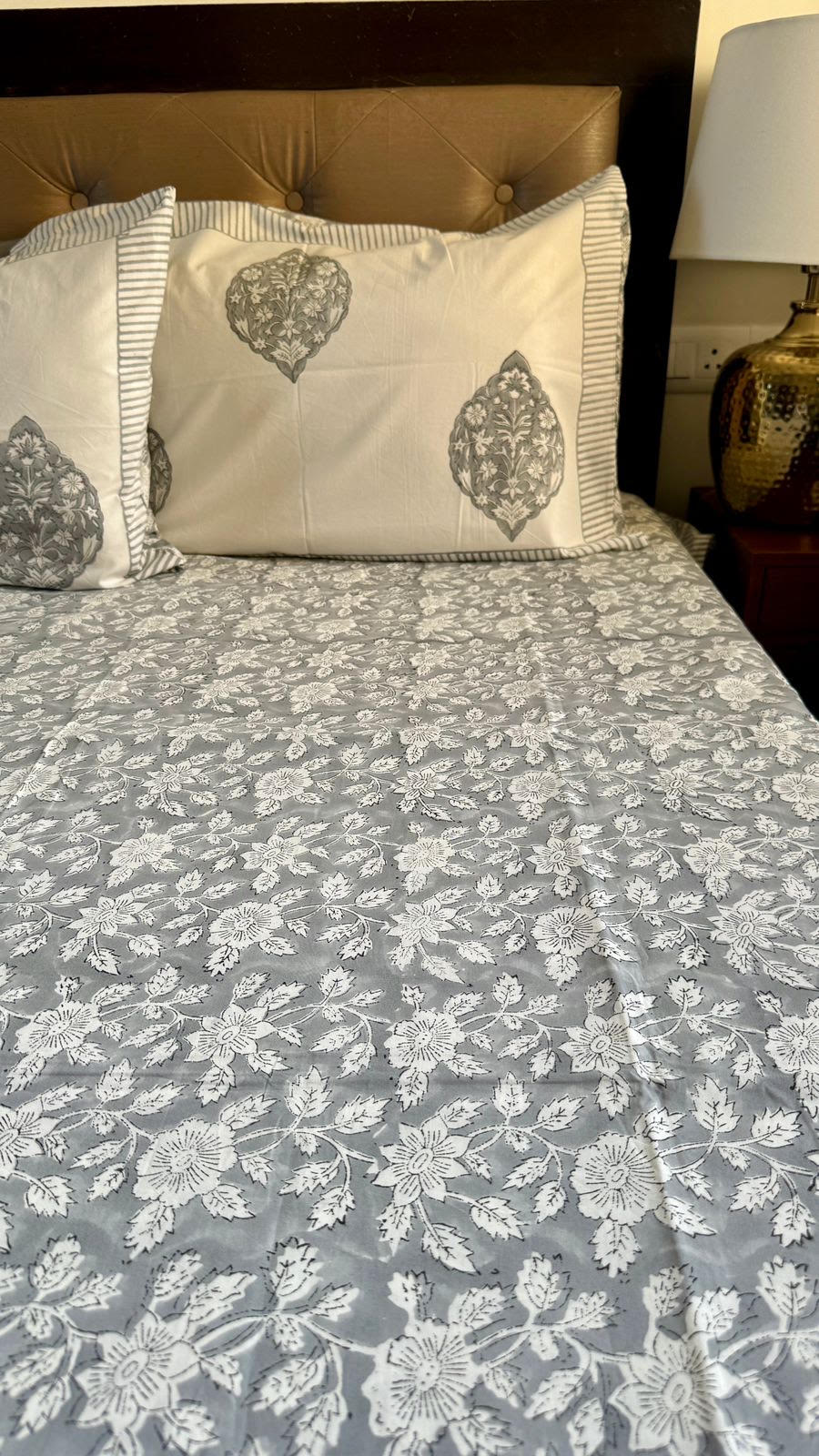 Grey Floral Handblock Printed Premium Cotton Bedsheet