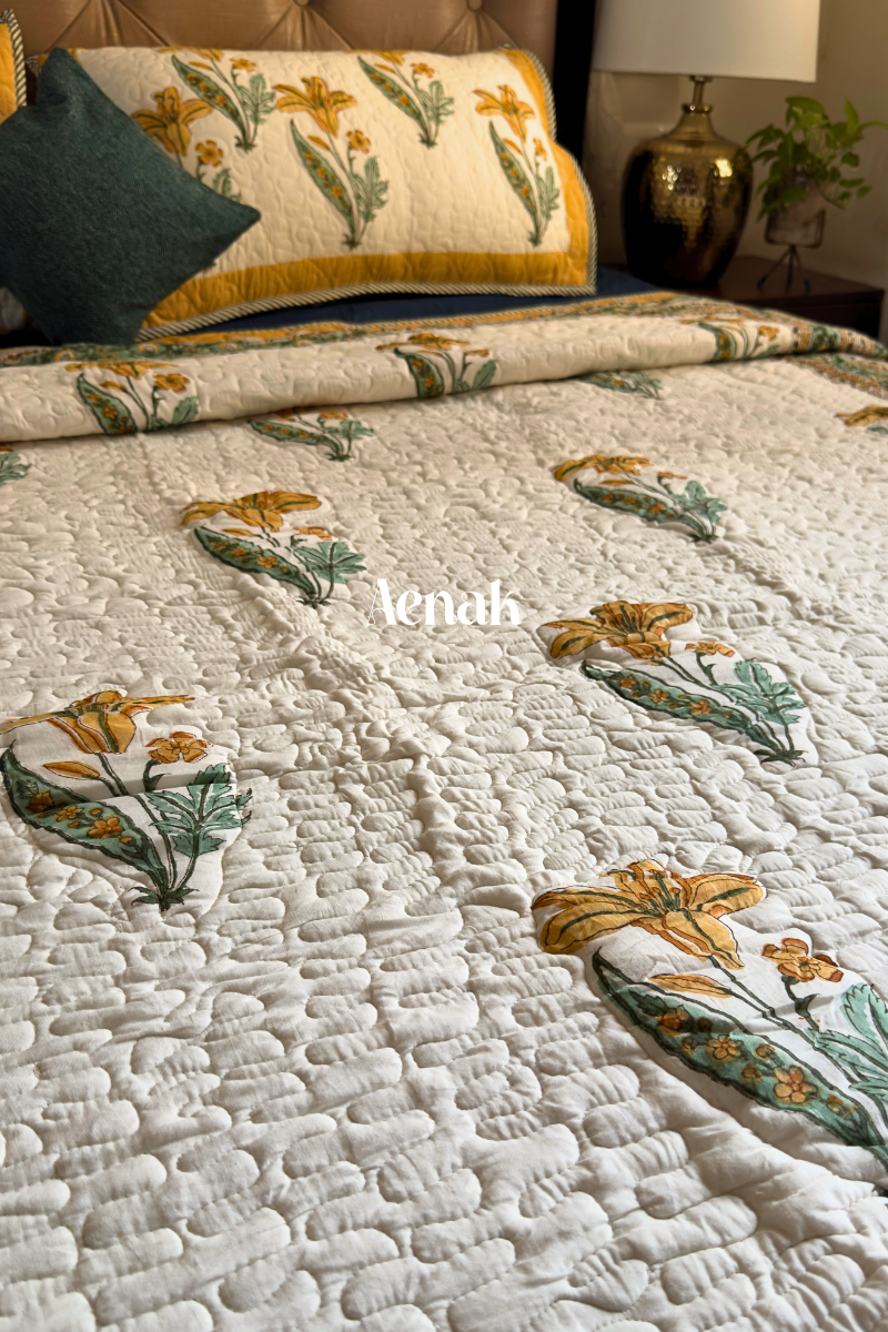 Yellow Lily Handblock Bedsheet + Quilted Bedcover Combo