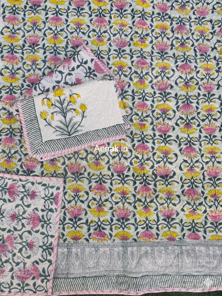 Pink & Yellow Lotus Handblock Bedsheet + Quilted Bedcover Combo Set