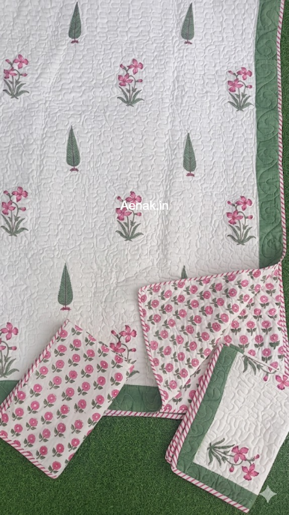 Pink Madhumati Handblock Reversible Quilted Bedcover Set