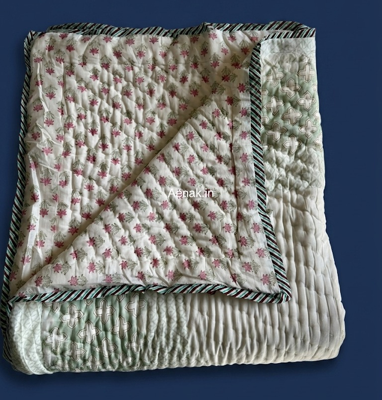 Pink Blue Palm Handblock Reversible Mulmul Cotton Quilt