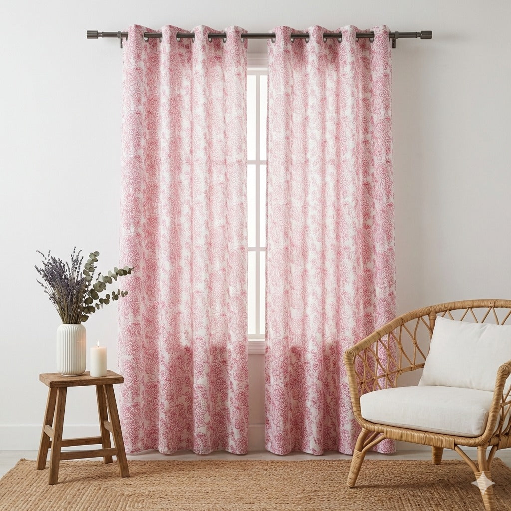 Pink Tiny Floral Garden Handblock Curtains