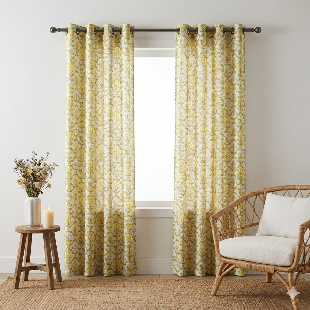 Yellow Floral Garden Handblock Curtains