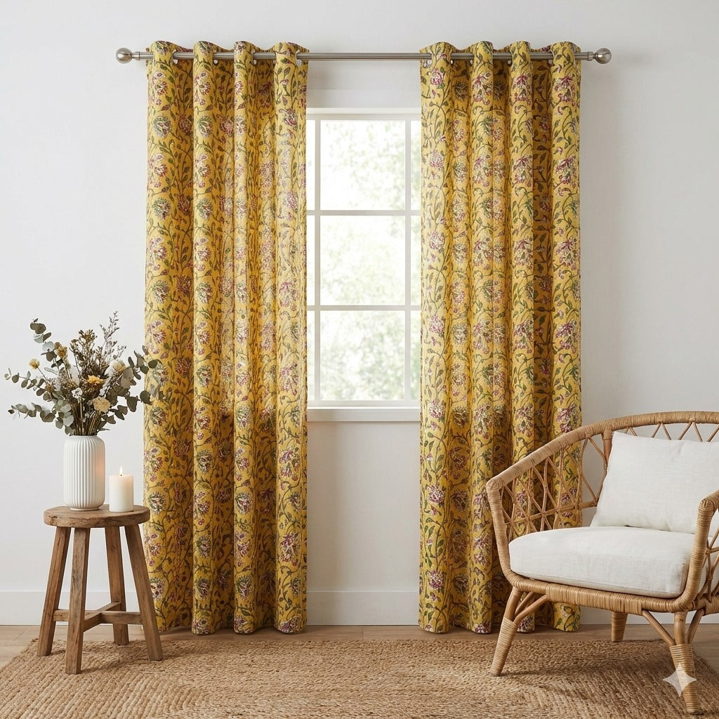 Heritage Yellow Handblock Curtains