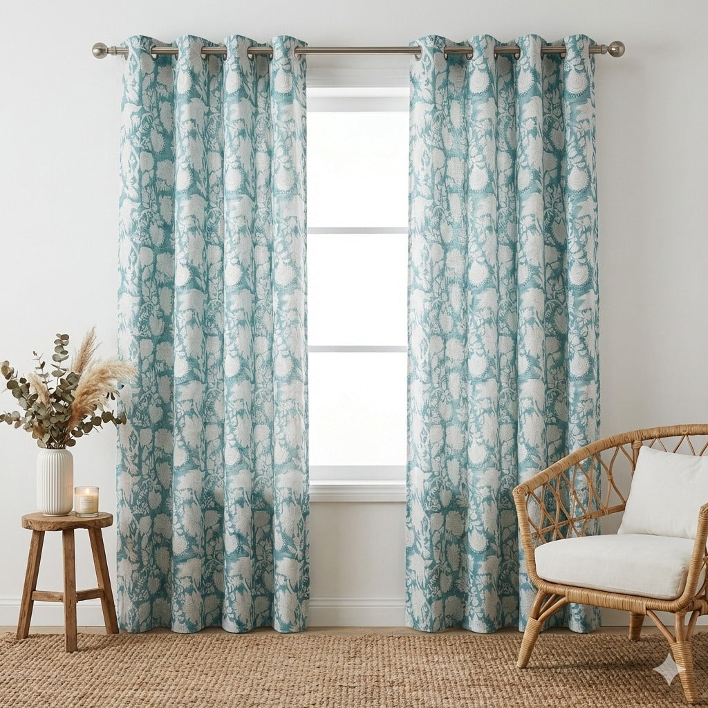 Sky Blue Floral Garden Handblock Curtains