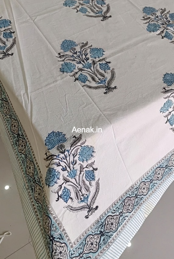 Teal Blue Dahlia Handblock Table Cover