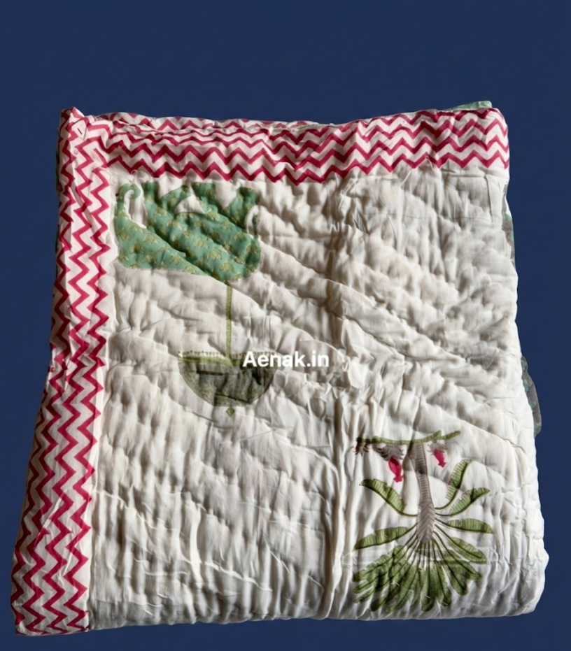 Green Elephant Handblock Reversible Mulmul Cotton Quilt