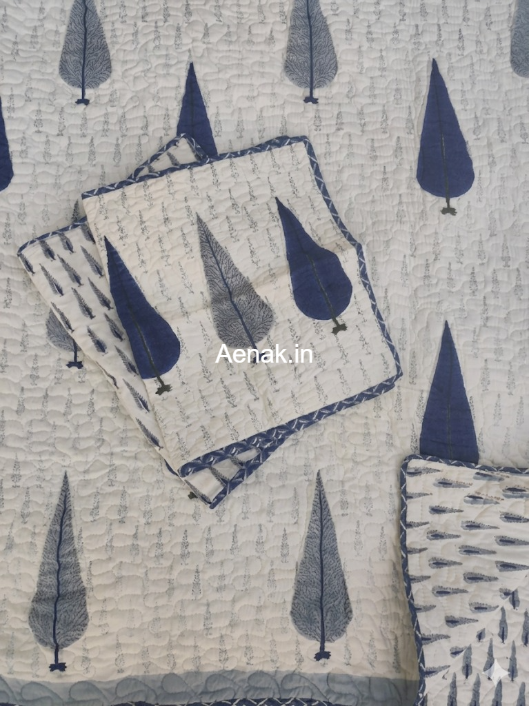Blue Cypress Handblock Bedsheet + Quilted Bedcover Combo Set