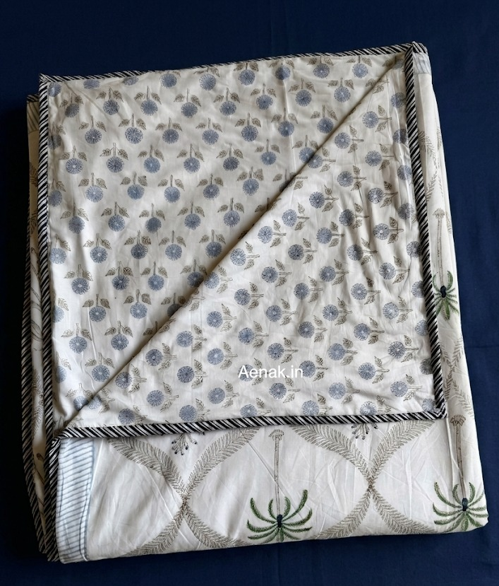 Blue Floral Palm Jaal Handblock Mulmul Cotton Reversible Dohar
