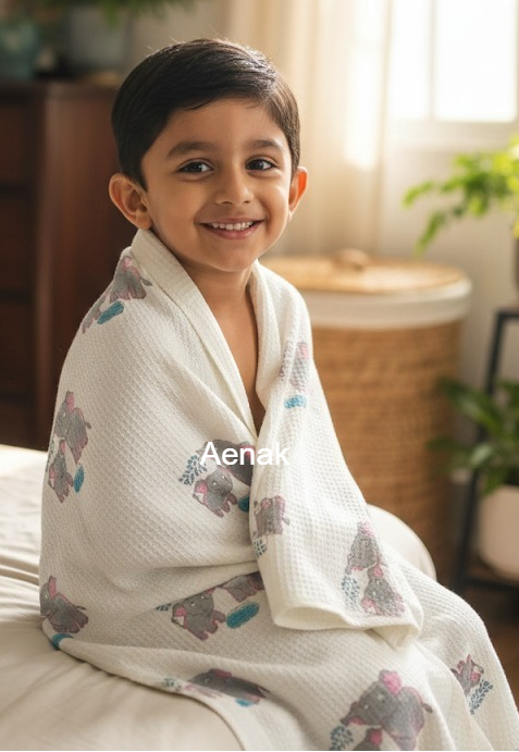 Grey Elephant Handblock Printed Waffle Cotton Bathing Towel