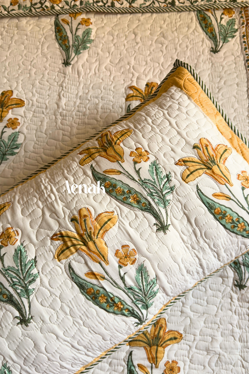 Yellow Lily Handblock Bedsheet + Quilted Bedcover Combo