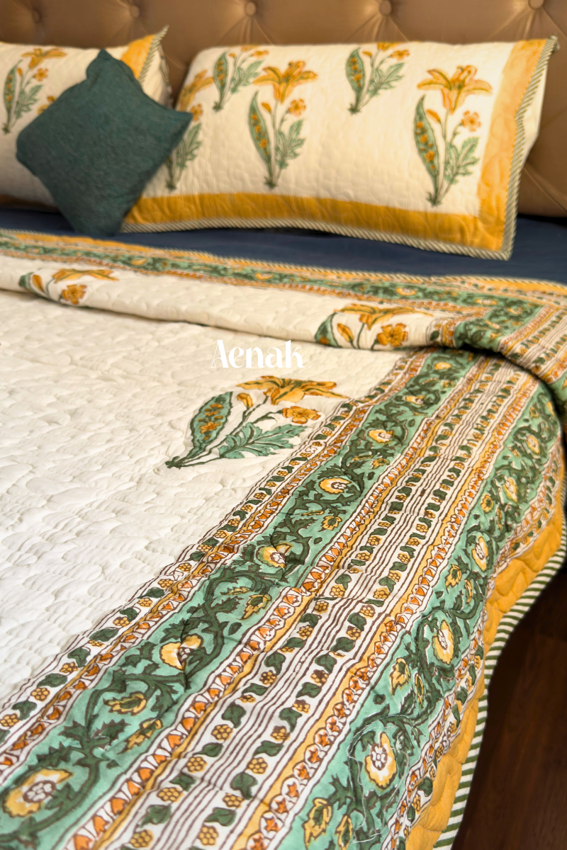 Yellow Lily Handblock Bedsheet + Quilted Bedcover Combo
