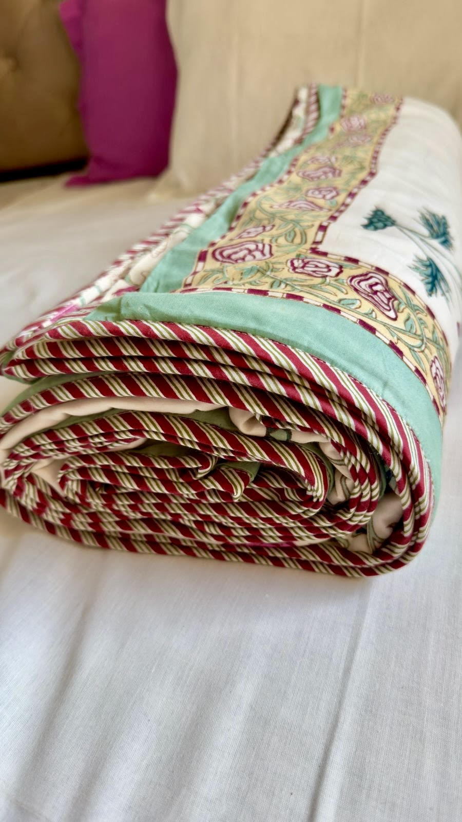 Magenta Floral Garden Handblock Printed Mulmul Cotton Reversible Dohar (Ivory Base)