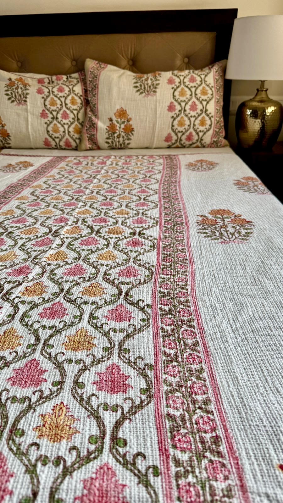 Pink Jaal Handblock Printed Jute Cotton Bedcover