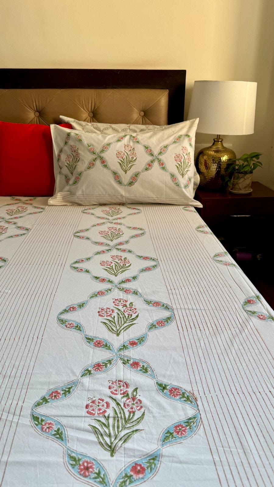 Red Periwinkle Handblock Printed Premium Cotton Bedsheet