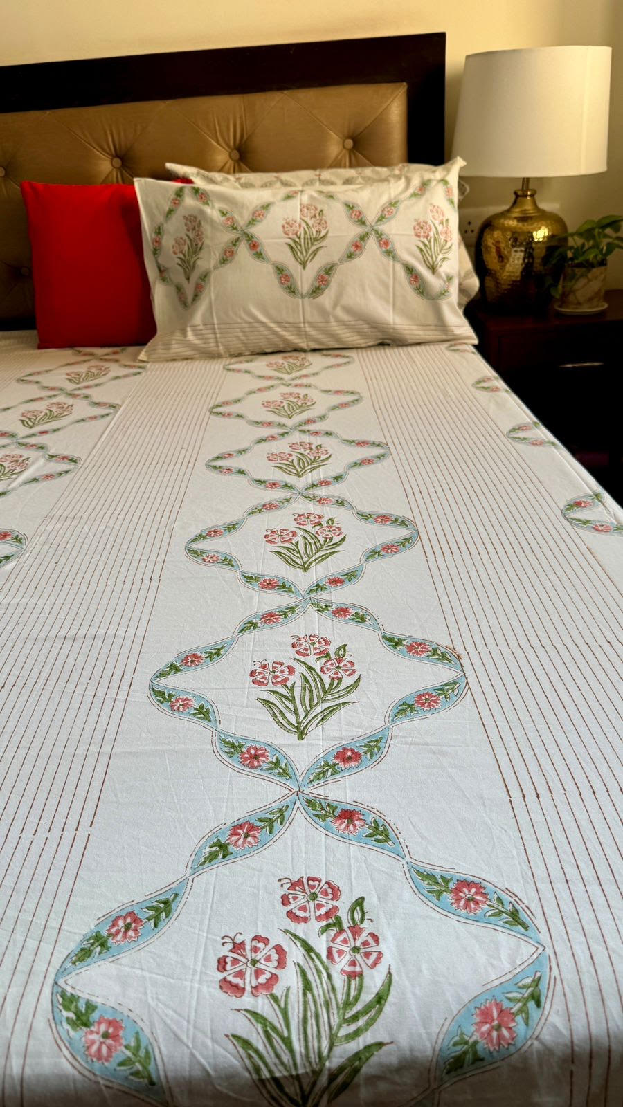 Red Periwinkle Handblock Printed Premium Cotton Bedsheet