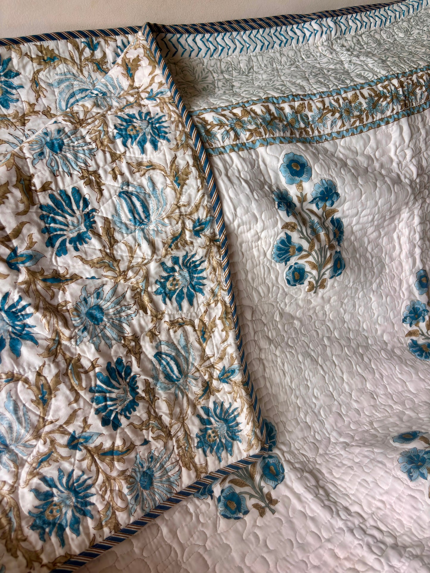 Blue Phool Boota Handblock Reversible Quilted Cotton Bedcover Set-106x108