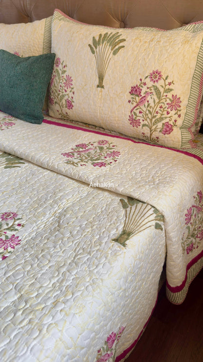 Purple Sparrow Pani Jaal Handblock Printed Reversible Quilted Cotton Bedcover Set