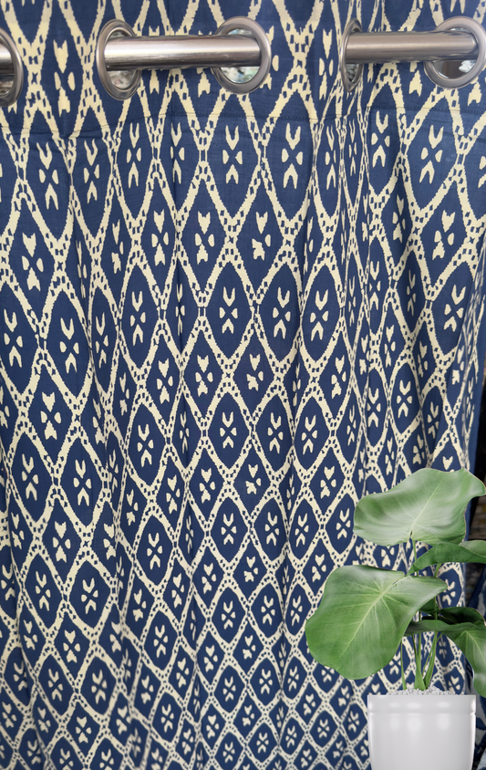 Blue Triange Eyelet Handblock Curtains