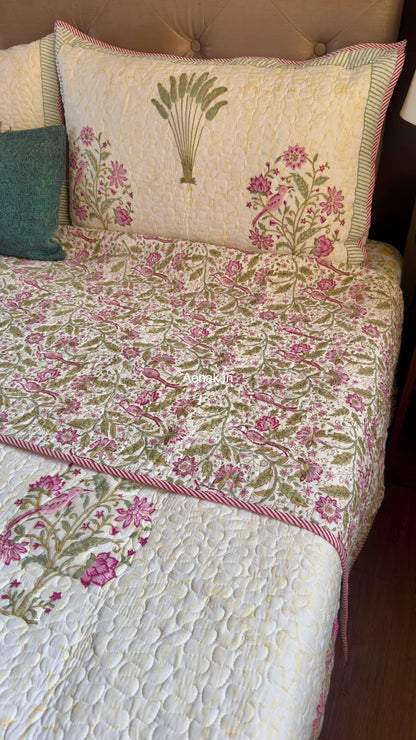 Purple Sparrow Pani Jaal Handblock Printed Reversible Quilted Cotton Bedcover Set