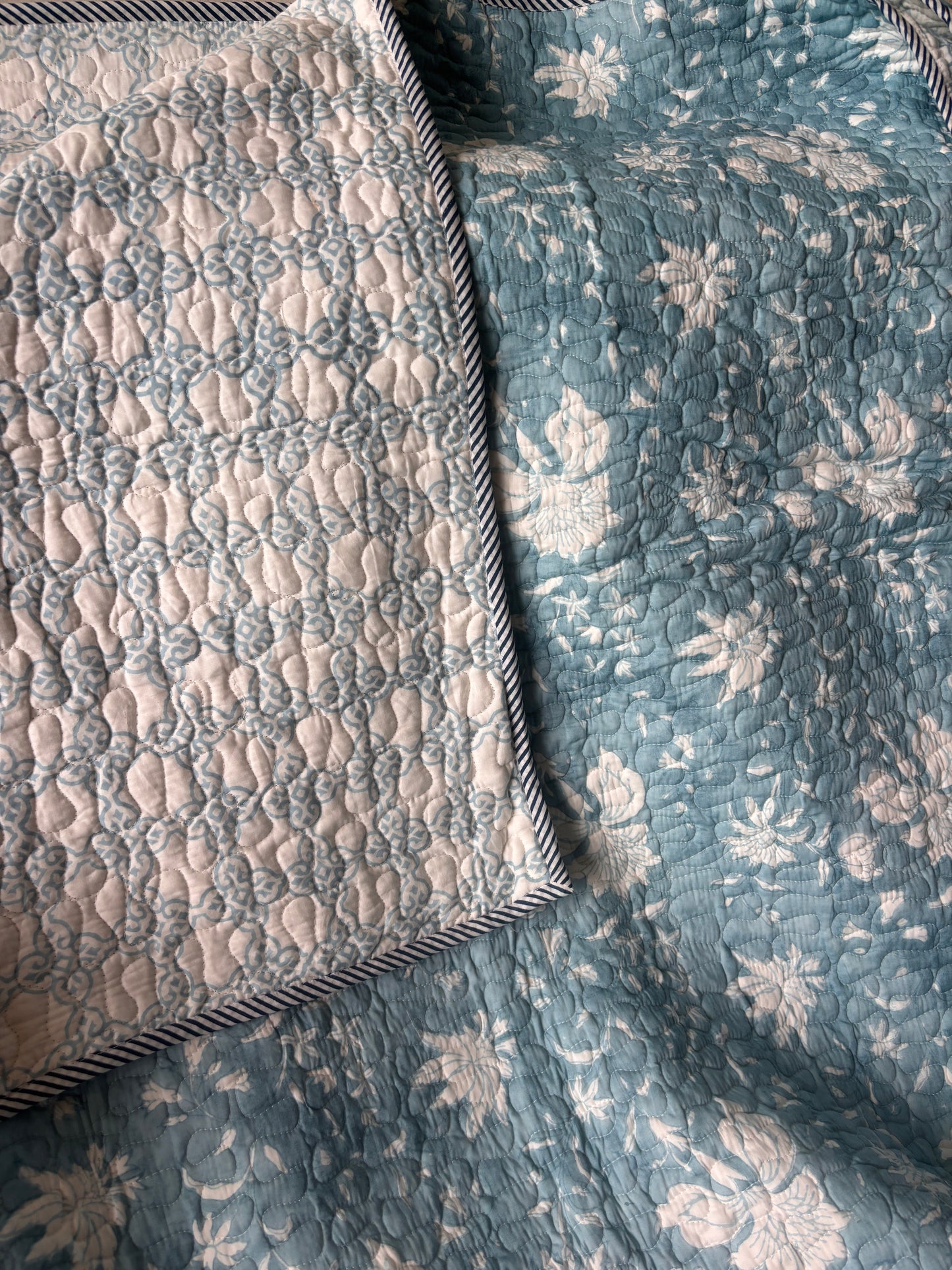 Blue Floral Garden Handblock Printed Reversible Quilted Cotton Bedcover Set-106x108