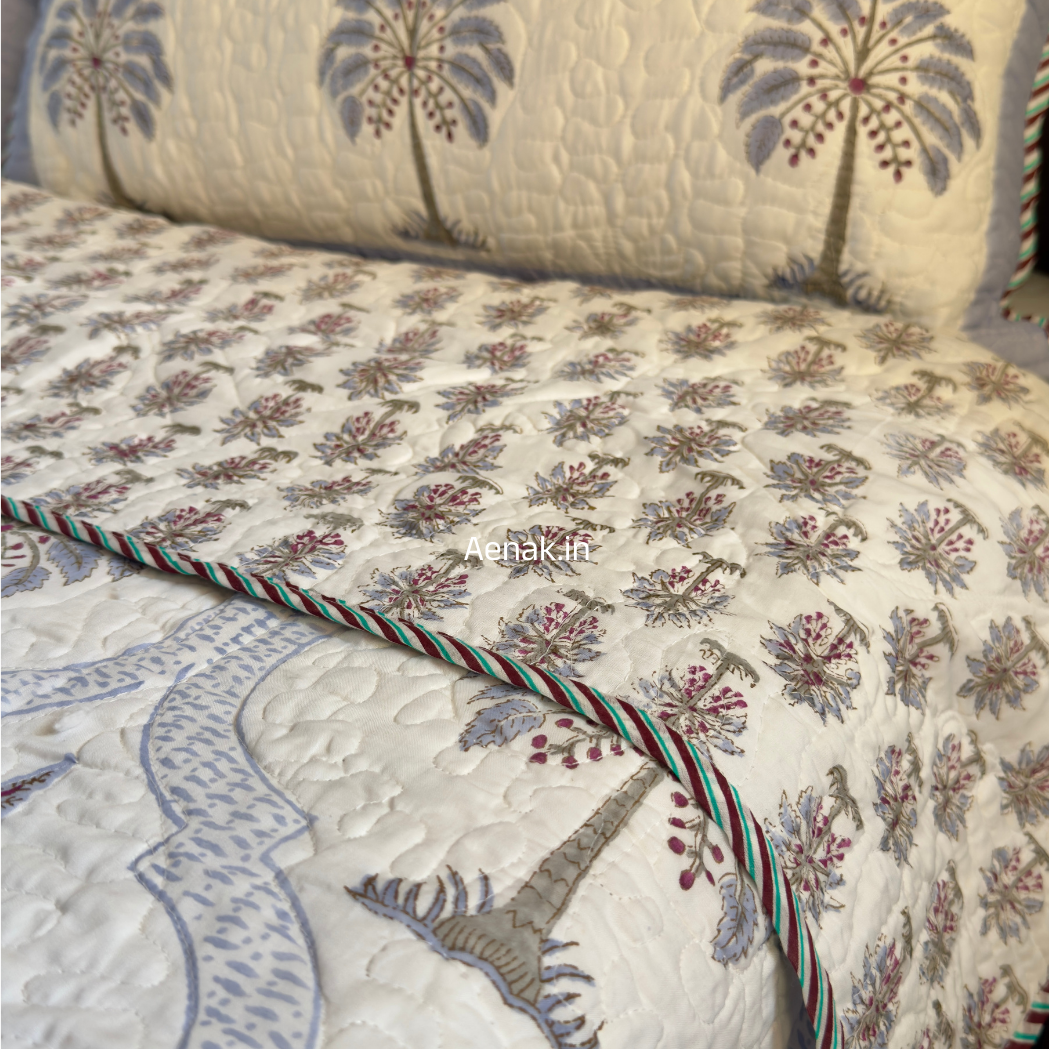 Blue Palm Jaal Handblock Bedsheet + Quilted Bedcover Combo Set