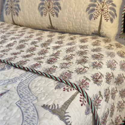 Blue Palm Jaal Handblock Bedsheet + Quilted Bedcover Combo Set