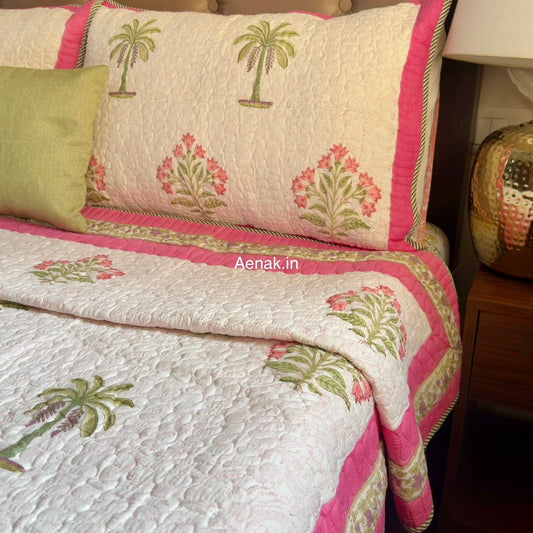 Pink Royal Pani Jaal Handblock Reversible Quilted Cotton Bedcover Set