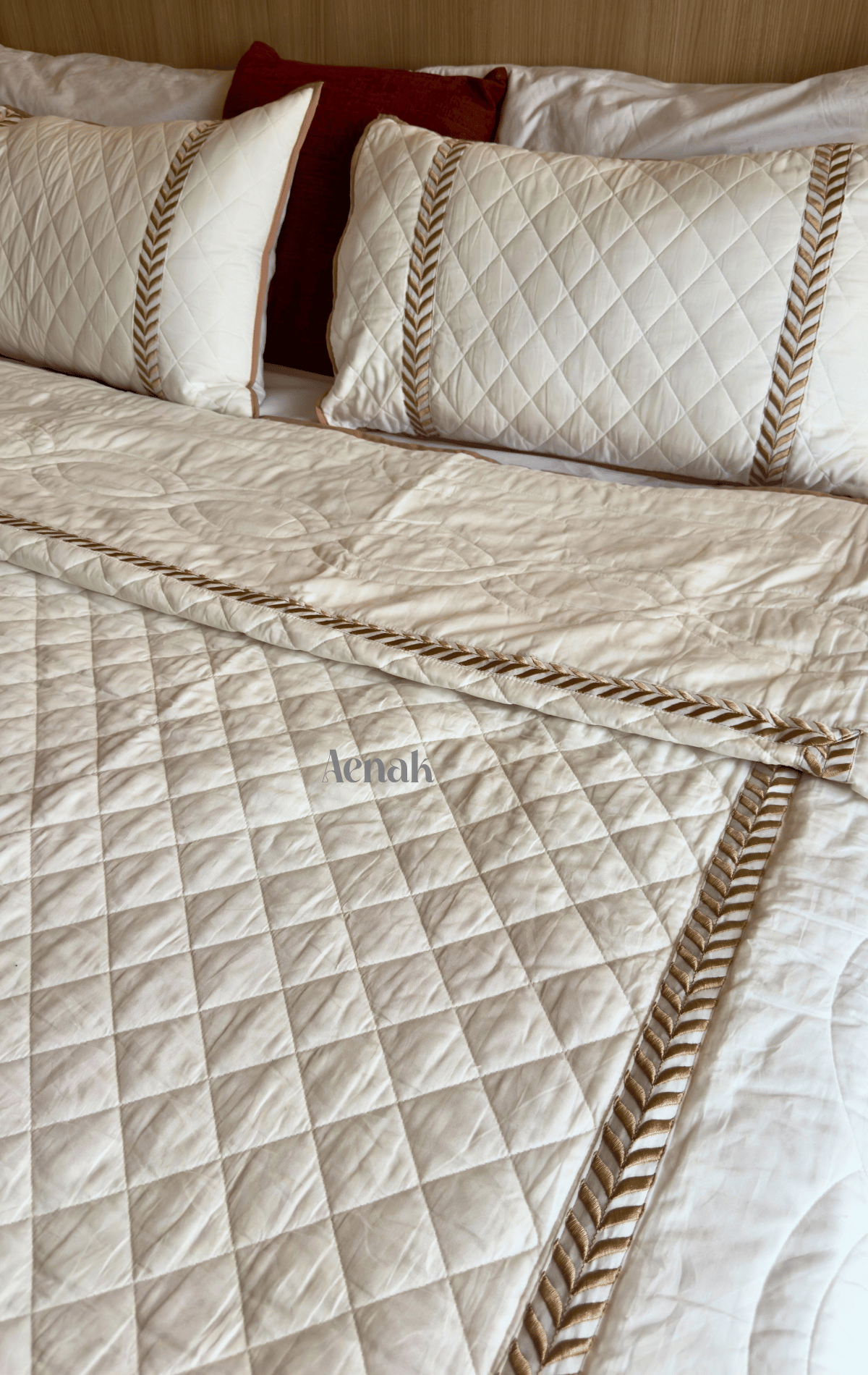 White Embossed Diamond Quilted Bedcover with Brown Lace