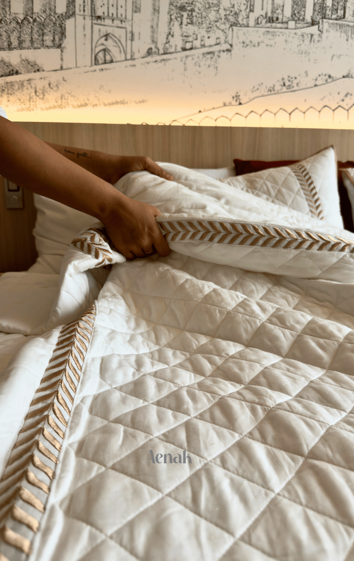 White Embossed Diamond Quilted Bedcover with Brown Lace