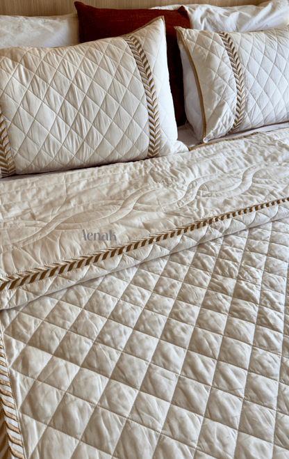 White Embossed Diamond Quilted Bedcover with Brown Lace