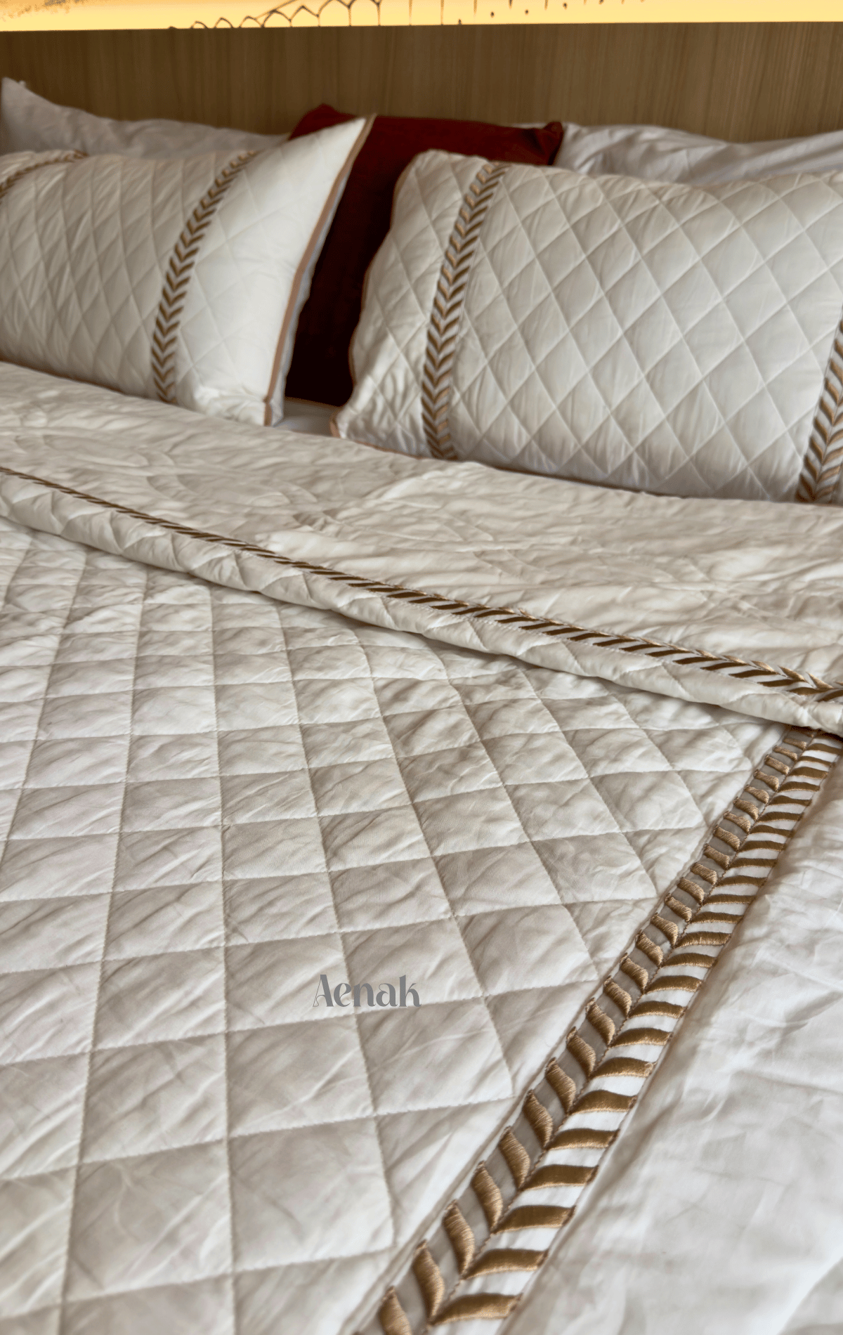 White Embossed Diamond Quilted Bedcover with Brown Lace