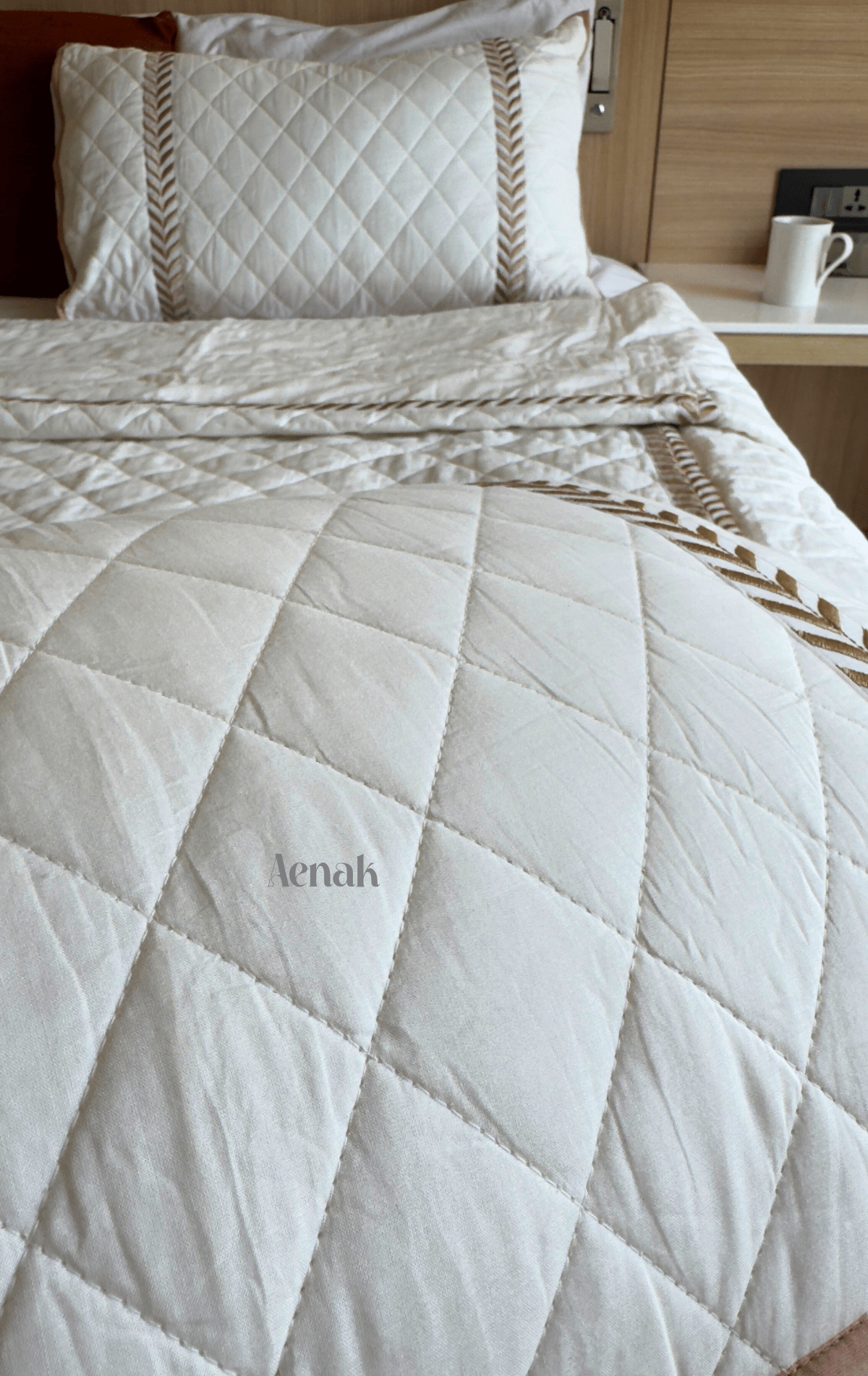 White Embossed Diamond Quilted Bedcover with Brown Lace