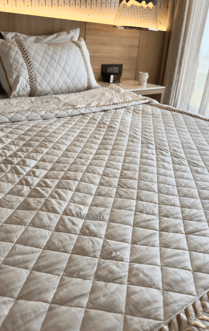 White Embossed Diamond Quilted Bedcover with Brown Lace