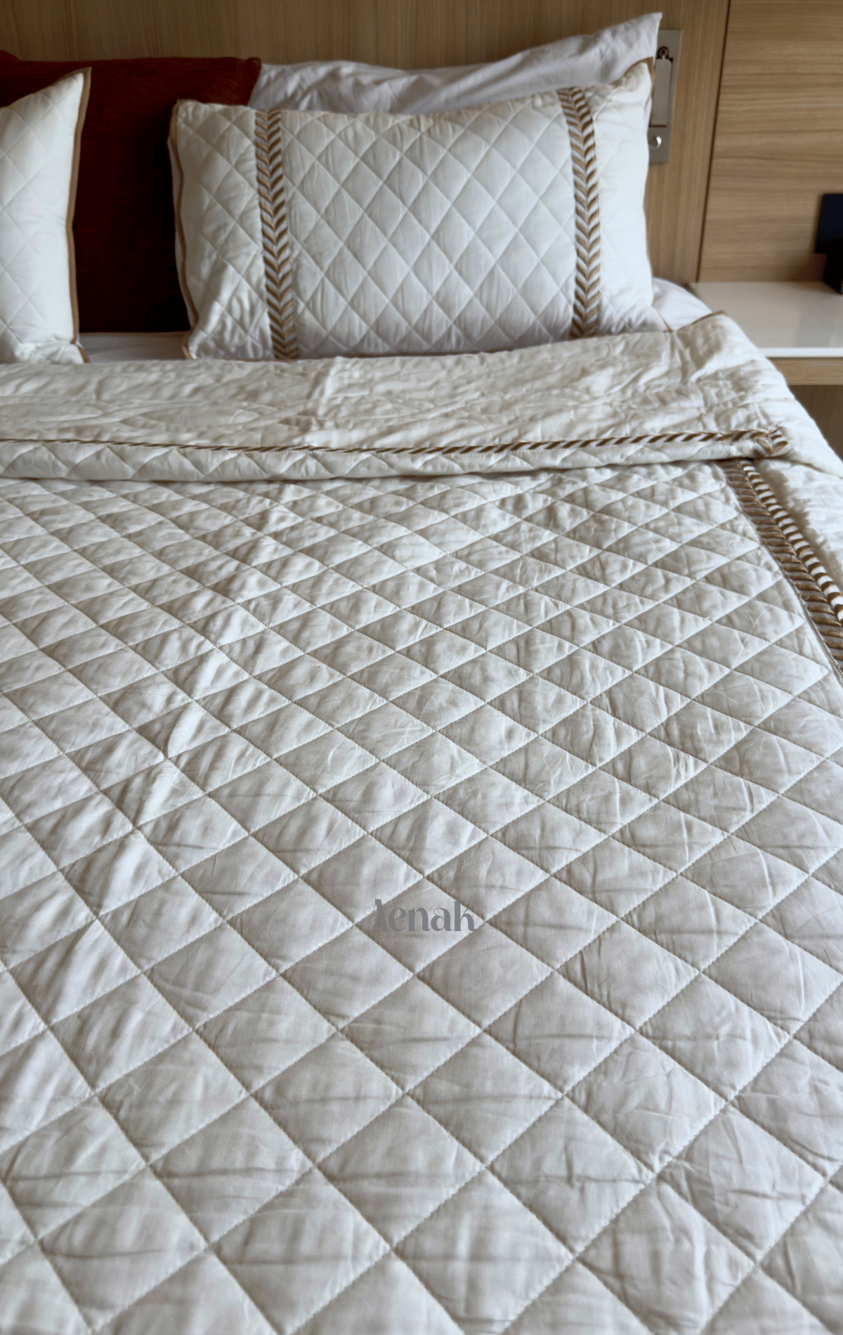 White Embossed Diamond Quilted Bedcover with Brown Lace