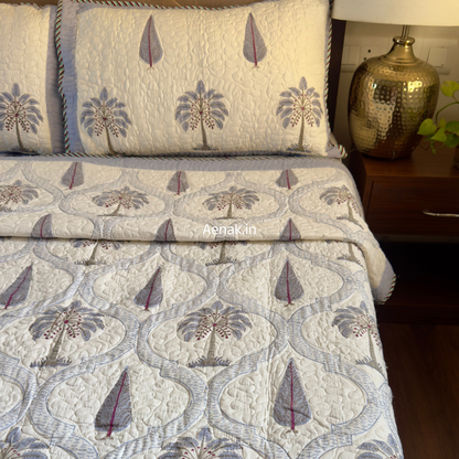 Blue Palm Jaal Handblock Bedsheet + Quilted Bedcover Combo Set