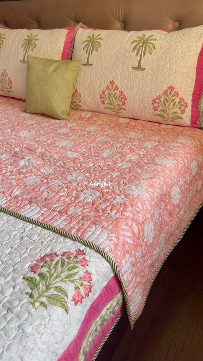Pink Royal Pani Jaal Handblock Reversible Quilted Cotton Bedcover Set