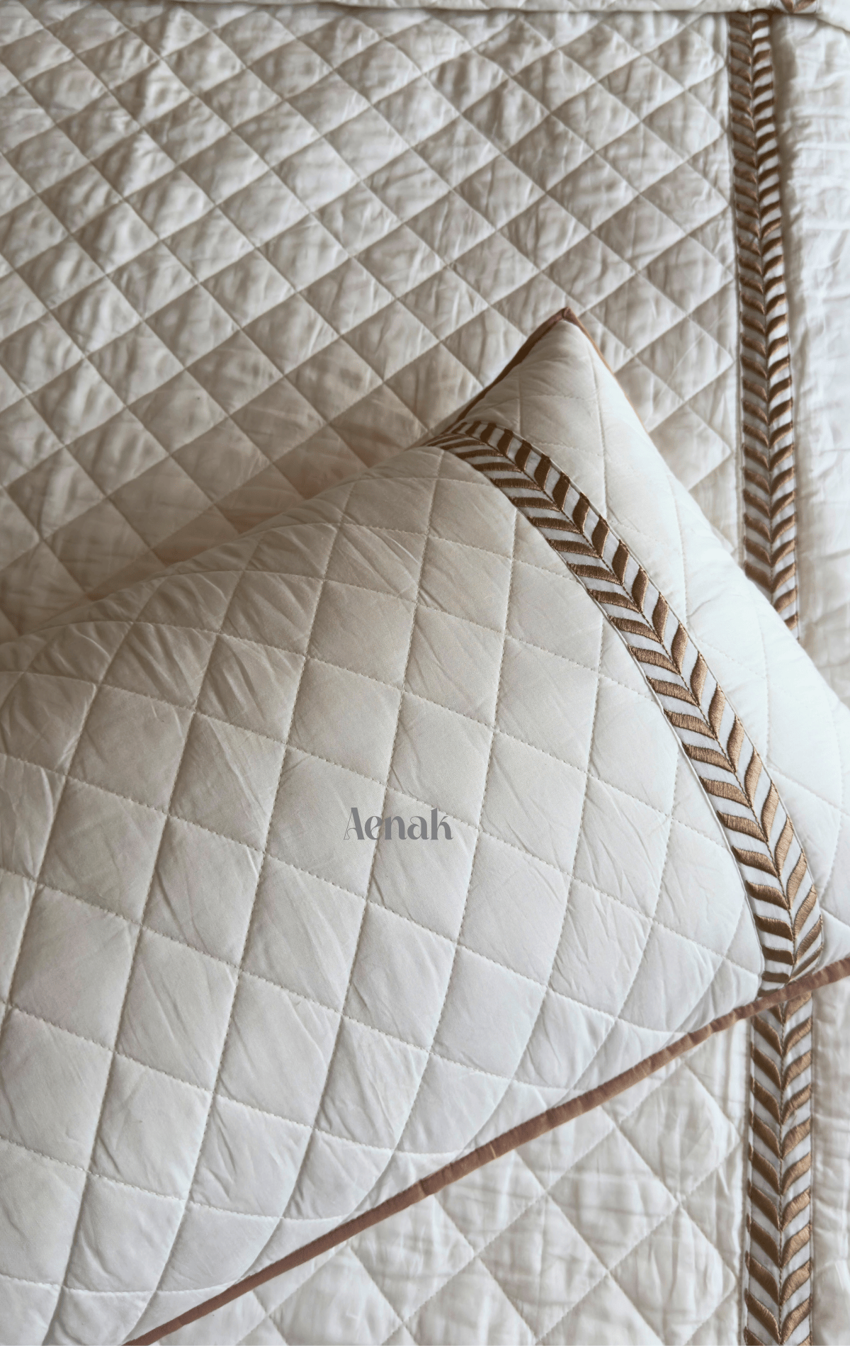 White Embossed Diamond Quilted Bedcover with Brown Lace