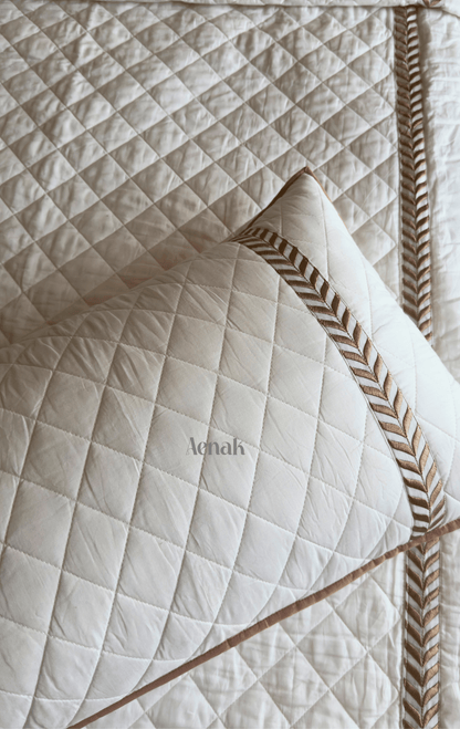 White Embossed Diamond Quilted Bedcover with Brown Lace