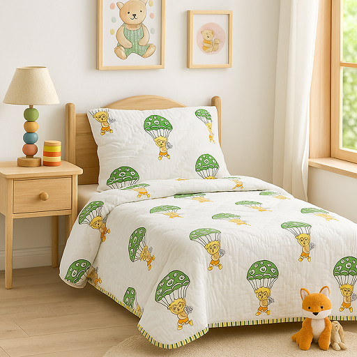 Green Air Balloon Handblock Printed Reversible Mulmul Cotton Blanket