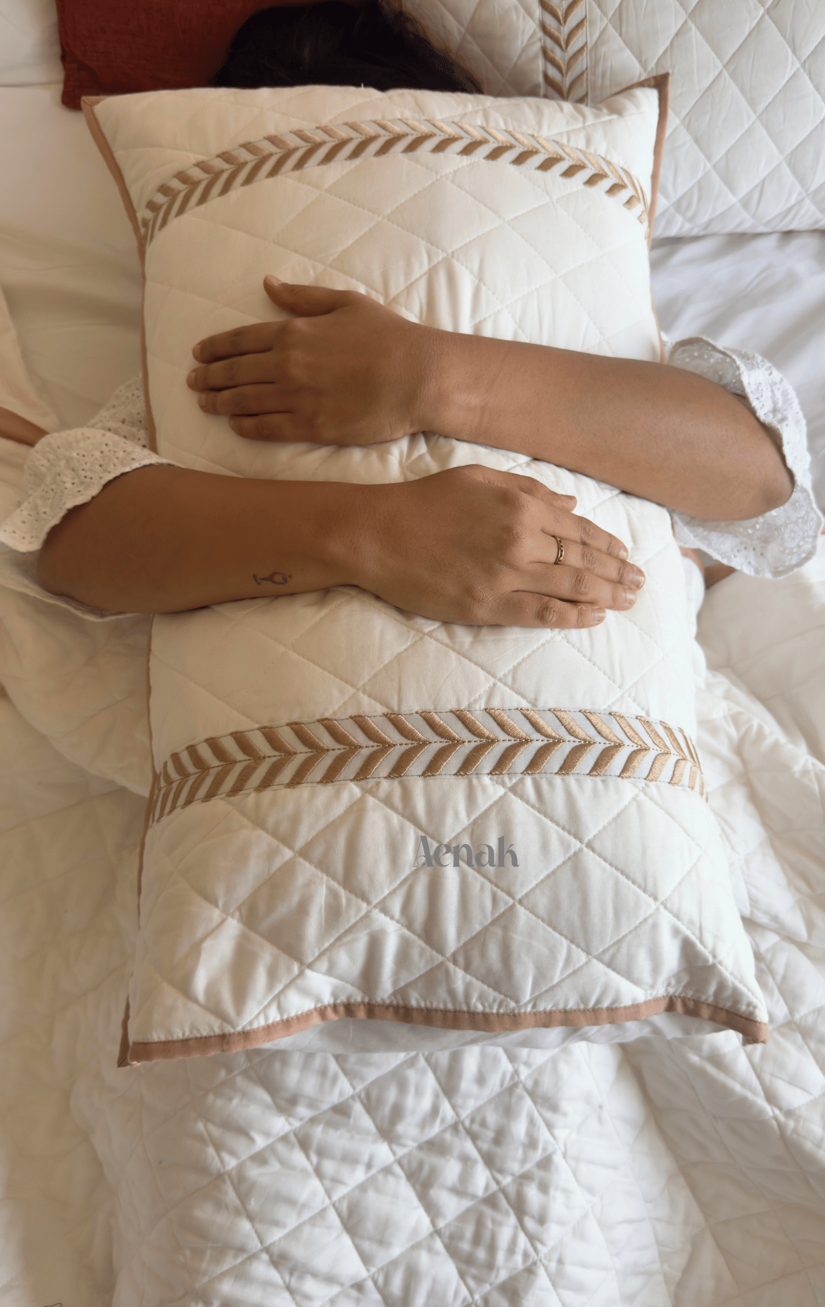 White Embossed Diamond Quilted Bedcover with Brown Lace