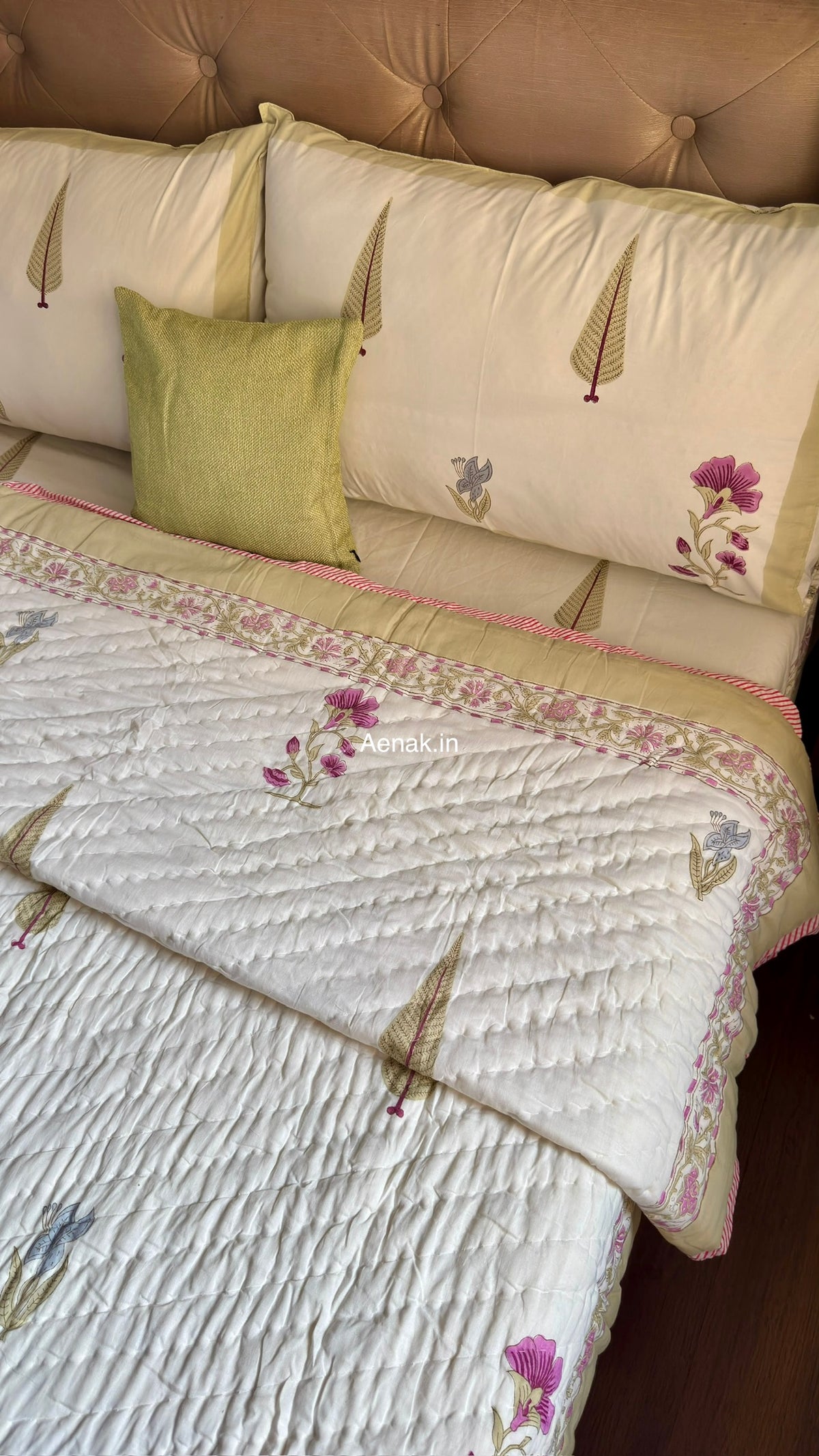 Dusty Mulberry Handblock Bedsheet + Quilt Combo Set (Ivory White)