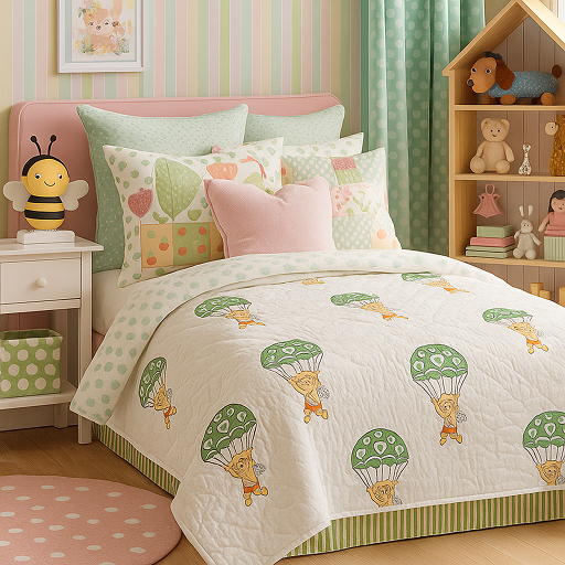 Green Air Balloon Handblock Reversible Mulmul Cotton Kids Blanket Set